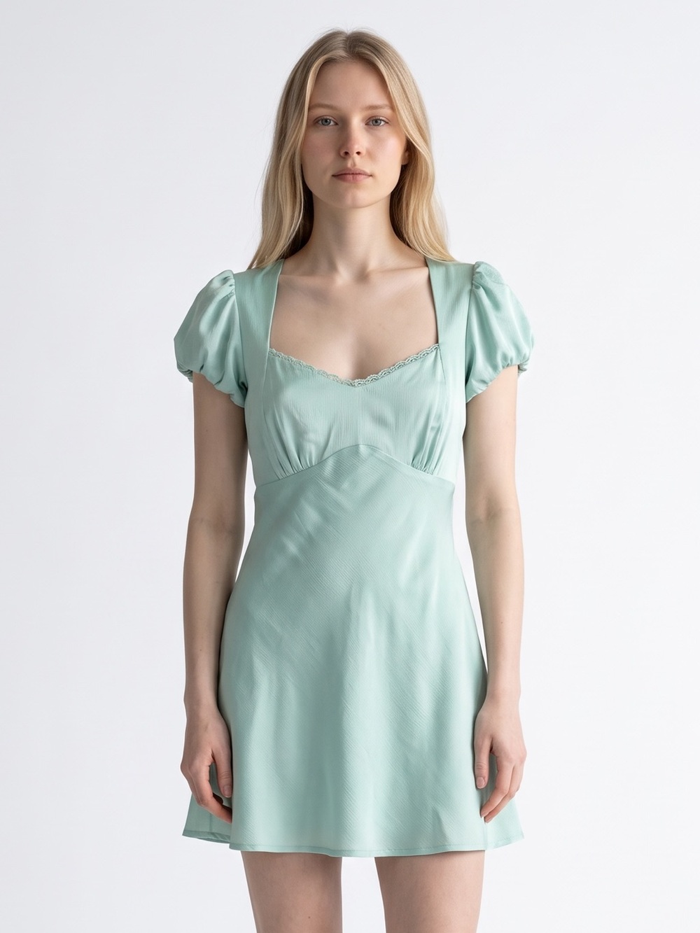 All in Favor Mint Short Square-Neck Mini Dress with Puff Sleeves